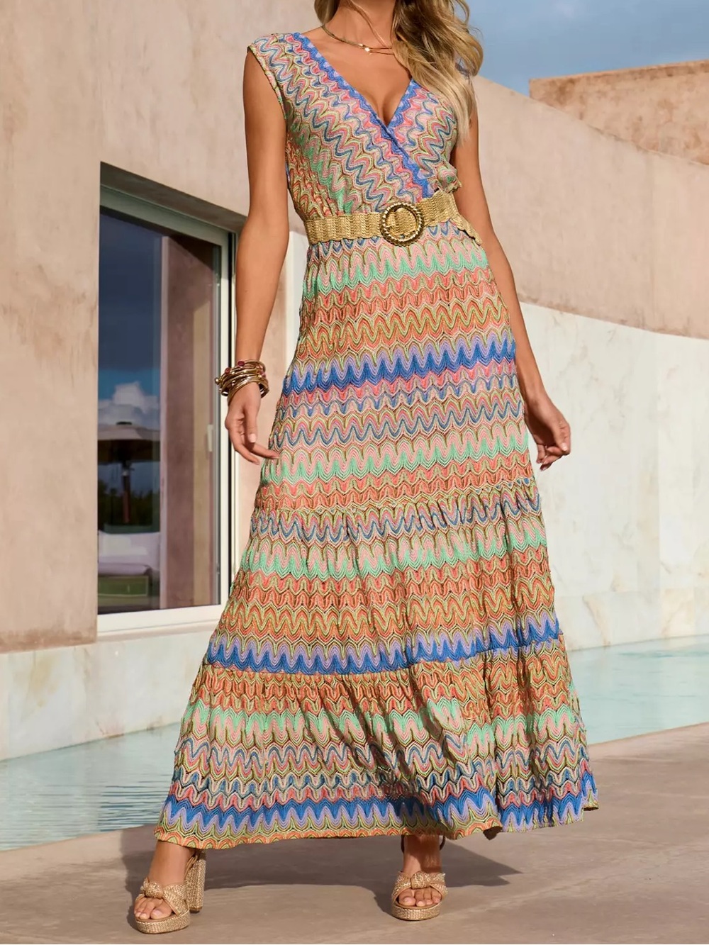 Boston Proper Multi-Color Shimmer Surplice Crochet Knit Maxi Dress Size S Small